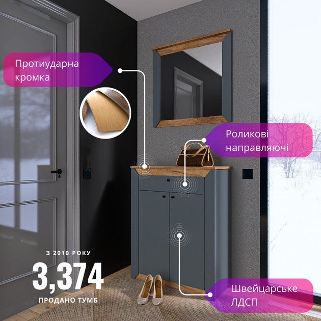 Тумба закрита Еверест Нордік-800 80х38х100 см Графіт + Дуб крафт золотий (EVR-5530) - зображення 2