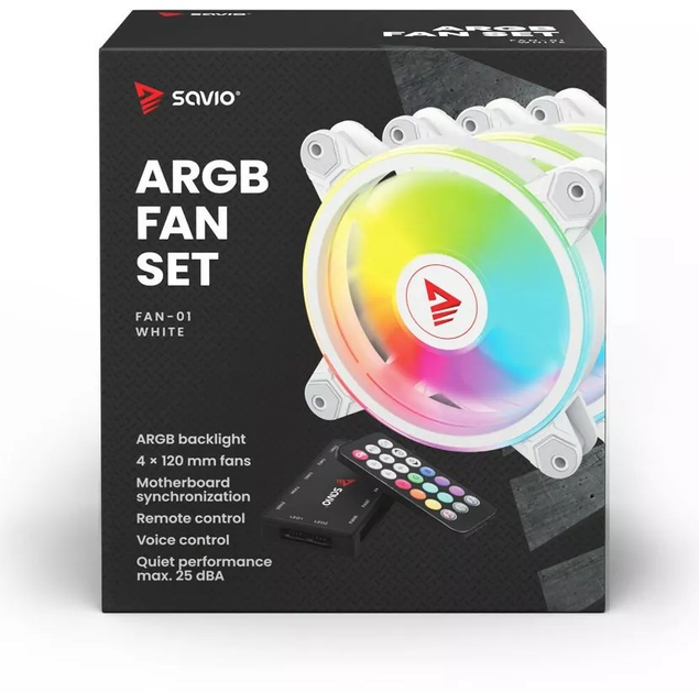 Zestaw RGB wentylatorów Savio FAN-01 4-pack 120mm ARGB wraz kontrolerem oraz pilotem (FAN-01 WHITE) - obraz 8