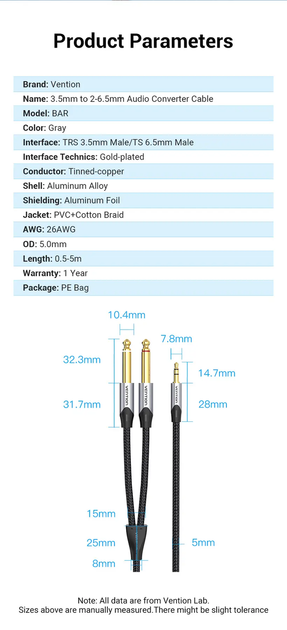 Кабель аудио Vention 3.5 mm to 2х 2pin 6.35 mm F/M адаптер 5 м Black (BARHJ) - изображение 2