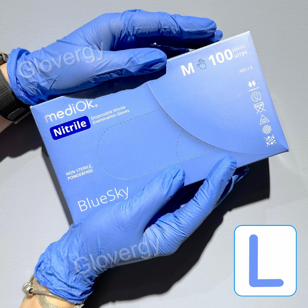 Перчатки нитриловые Mediok Blue Sky размер L голубые 100 шт - изображение 1