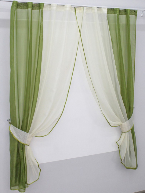 Комплект кухонних штор VR-Textil № 017к з підв'язками на карниз 1 - 1.5 м 265х170 см Оливковий з бежевим (50-023) - зображення 2