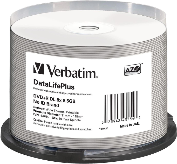 Dyski Verbatim DVD+R DL 8.5GB 8x DataLife Plus Wide Thermal Printable Spindle 50 szt (0023942437543) - obraz 1
