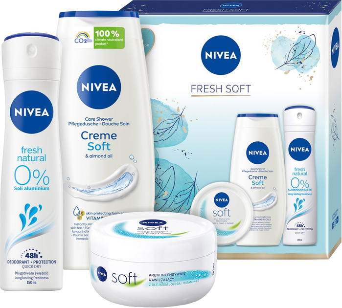 Zestaw kosmetyków do pielęgnacji Nivea Fresh Soft Krem do twarzy, ciała i rąk 100 ml + Żel pod prysznic 250 ml + Dezodorant w sprayu 150 ml (9005800361550) - obraz 2