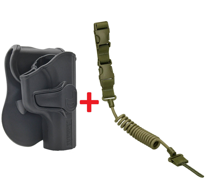 Кобура пластикова для пістолету Макарова ПМ зі страхувальним тросом Amomax AM-MAKG2 Чорний Олива - зображення 1