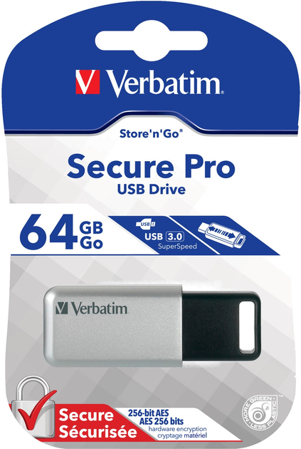 Pendrive Verbatim Store Go Secure Pro 64GB USB 3.0 Silver (0023942986669) - obraz 1