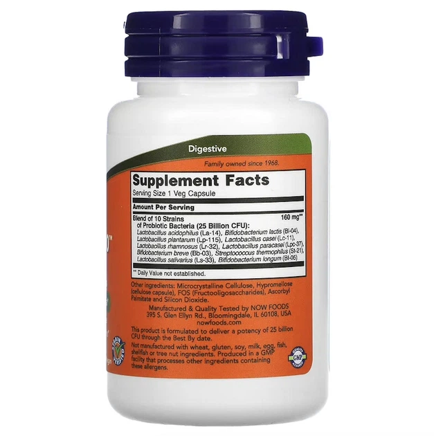 Пробіотики, NOW Foods, Probiotic-10, 25 млрд КУО, 50 вегетаріанських капсул - зображення 2