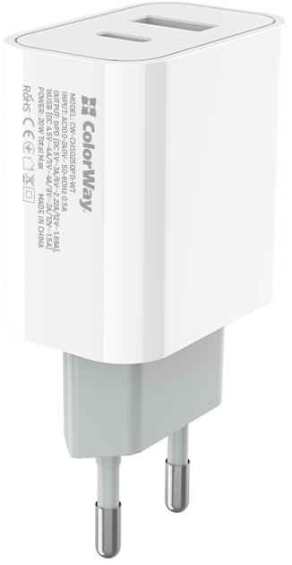 Мережевий зарядний пристрій ColorWay Type-C PD + USB QC3.0 20W V2 White (CW-CHS025QPD-WT) - зображення 4