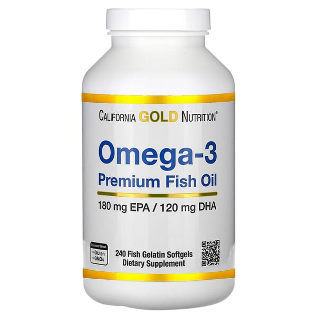 Диетическая добавка Омега-3 рыбий жир премиум-класса California Gold Nutrition 240 капсул с рыбным желатином - изображение 1