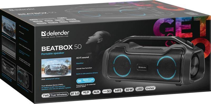 Głośnik przenośny Defender BEATBOX 50 Bluetooth 50W MP3/AUX/SD/USB/TWS/LED/IPX5/POWER BANK Czarny (4745090820287) - obraz 5