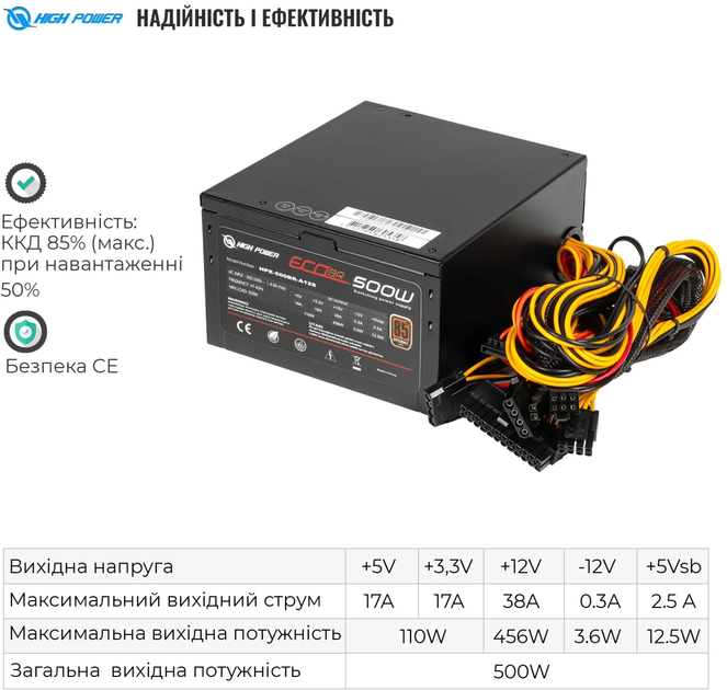 Блок питания High Power Eco II BR500 80+ Bronze 500 Вт (HPE-500BR-A12S) - изображение 3