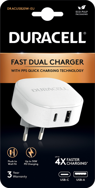 Зарядное устройство Duracell | PD30W+PPS18W | USB-A, TYPE-C | White ...