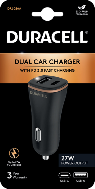 Автомобильное зарядное устройство Duracell | PD 27W | USB-A, TYPE-C ...