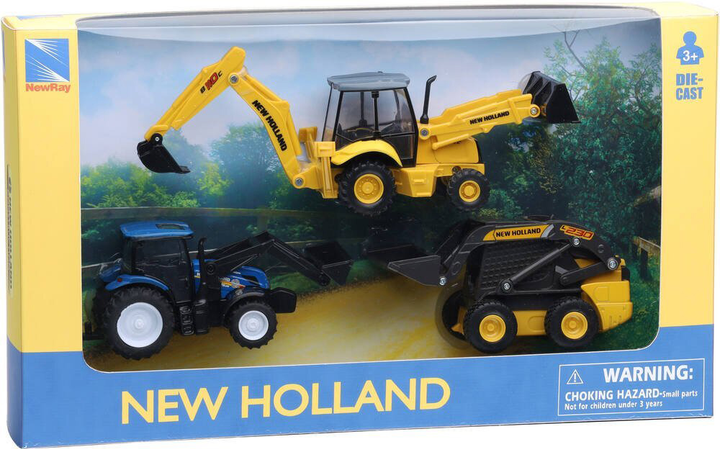 Набір транспортних засобів New Ray New Holland DieCast Екскаватор-навантажувач B110C + Міні-навантажувач L230 + Трактор T6 (0093577321258) - зображення 1