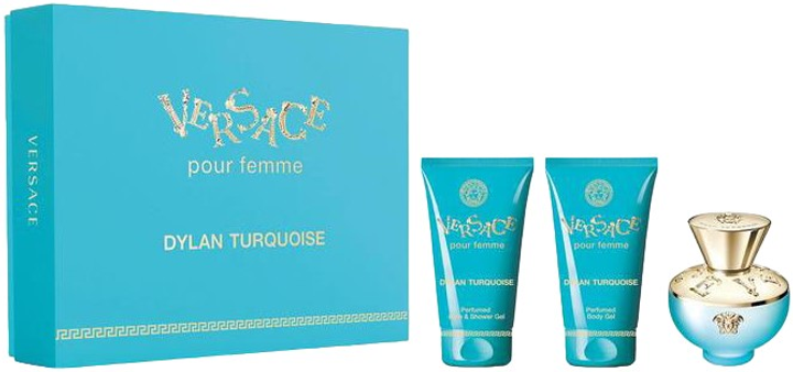 Подарунковий набір для жінок Versace Dylan Turquoise Pour Femme Туалетна вода 50 мл + Гель для душу 50 мл + Гель для тіла 50 мл (8011003870158) - зображення 1