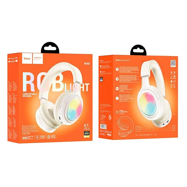 Наушники беспроводные Bluetooth c подсветкой HOCO Focus BT headphones W48 |BT5.3, AUX/BT/TF, 46h| white - изображение 6