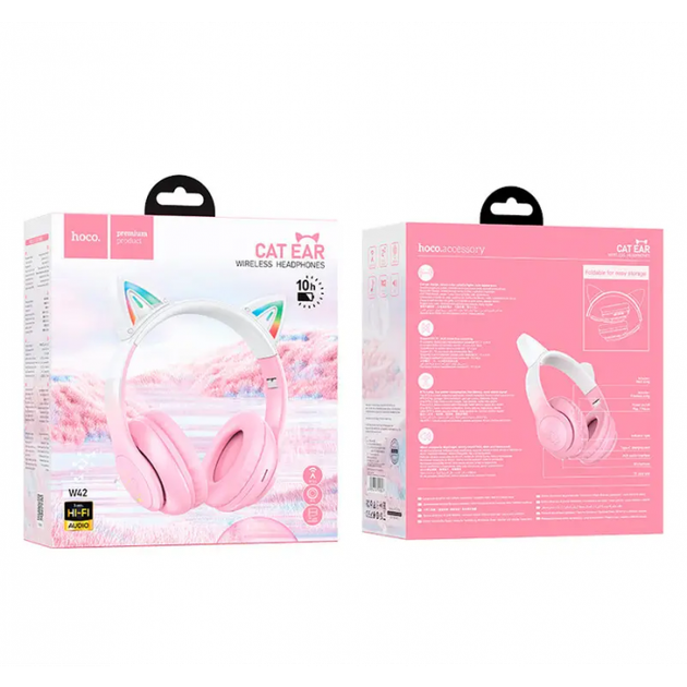Дитячі бездротові навушники Hoco W42 Cat Ear Bluetooth з котячими вушками та LED підсвічуванням Рожеві з білим - зображення 3
