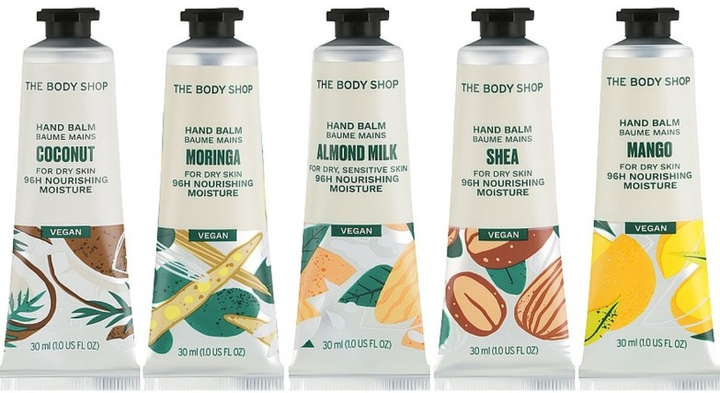 Набір бальзамів для рук The Body Shop Hug & Squeeze Almond Milk 30 мл + Moringa 30 мл + Shea 30 мл + Avocado 30 мл + Mango 30 мл (5028197403621) - зображення 2