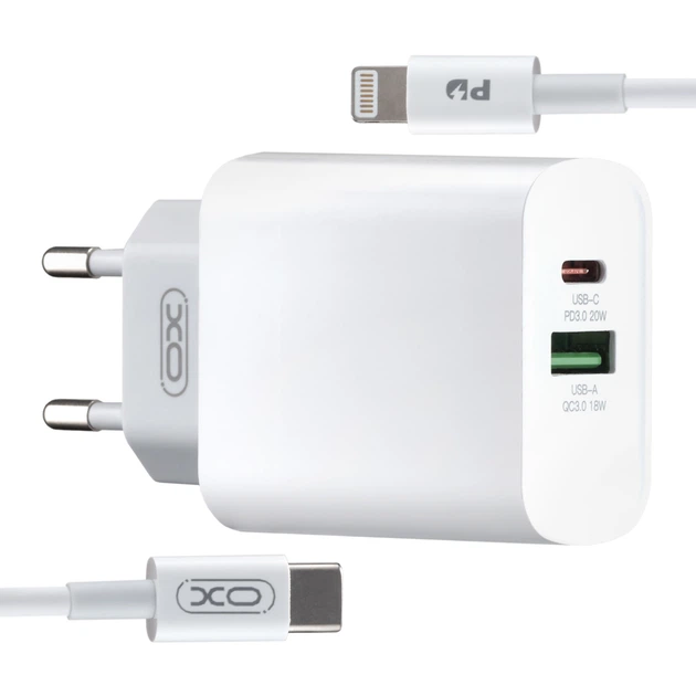 СЗУ XO L64 18W FAST EU QC3.0+PD FAST charger with apple PD fast cable (NB113) White - Фото 1 СЗУ XO L64 18W FAST EU QC3.0+PD FAST charger with apple PD fast cable (NB113) White - изображение 1