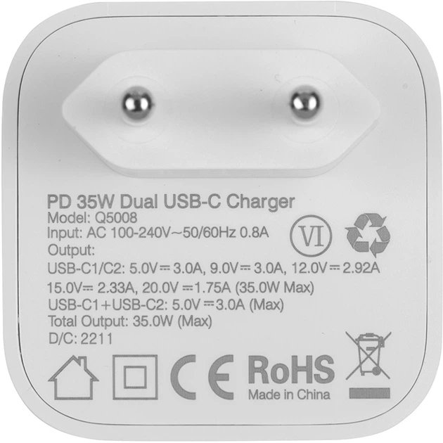 Ładowarka sieciowa CHOETECH 2xUSB Type-C 35W PD 3.0 QC 3.0 White (Q5008) - obraz 3
