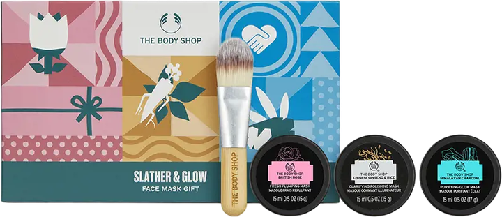 Набір масок для обличчя The Body Shop Slather & Glow Зволожувальна маска 15 мл + Очищувальна маска 15 мл + Детокс-маска 15 мл + Пензель для нанесення масок (5028197404758) - зображення 1