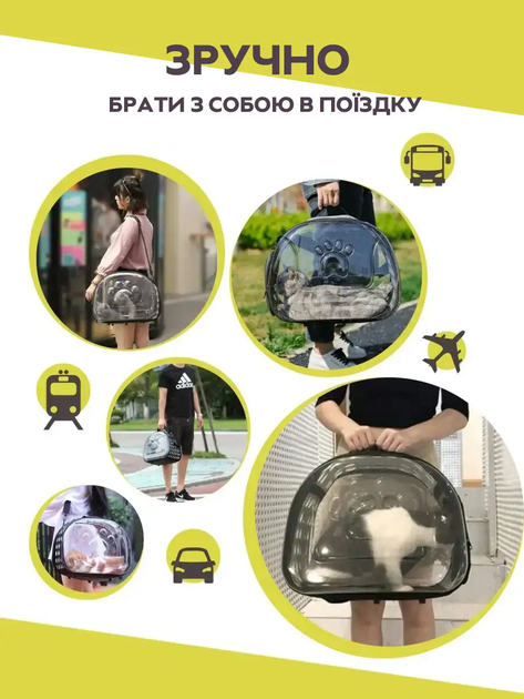 Сумка переноска для животных кошек собак с вентиляцией прозрачной стенкой ручкой ремнем 40x30x27 см размер L (477286-Prob) Черная - изображение 6