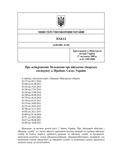 Наказ 402+ Додатки. Про затвердження Положення про військово-лікарську експертизу в Збройних Силах України, A4, портретна орієнтація - Фото 3 Наказ 402+ Додатки. Про затвердження Положення про військово-лікарську експертизу в Збройних Силах України, A4, портретна орієнтація - зображення 3