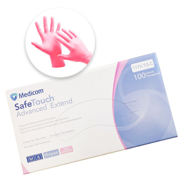Перчатки нитриловые Medicom упаковка - 50 пар, размер M (без пудры), плотность 3,6 г, розовые (8718007901801) - изображение 1
