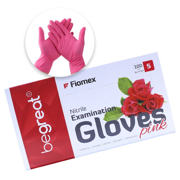 Перчатки нитриловые Fiomex Begreat упаковка - 50 пар, размер S (без пудры), плотность 4 г, розовые (5903714204496) - изображение 1