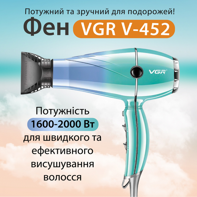 Фен для волосся професійний з двома концентраторами, бірюзовий(V452TU)(Sokany ) - изображение 2