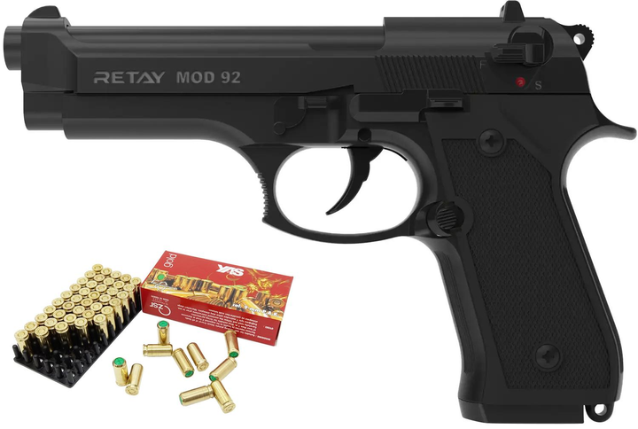 Пистолет стартовый Retay Mod.92 кал. 9 мм. Цвет - black. + патроны - изображение 1