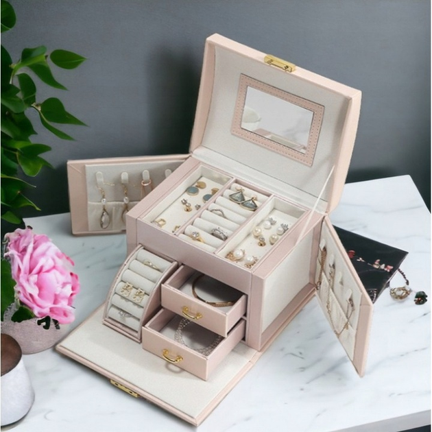 Szkatulka kuferek na biżuterię Ecarla z lusterkiem i szufladka Powder Rose (5903678516192) - obraz 3