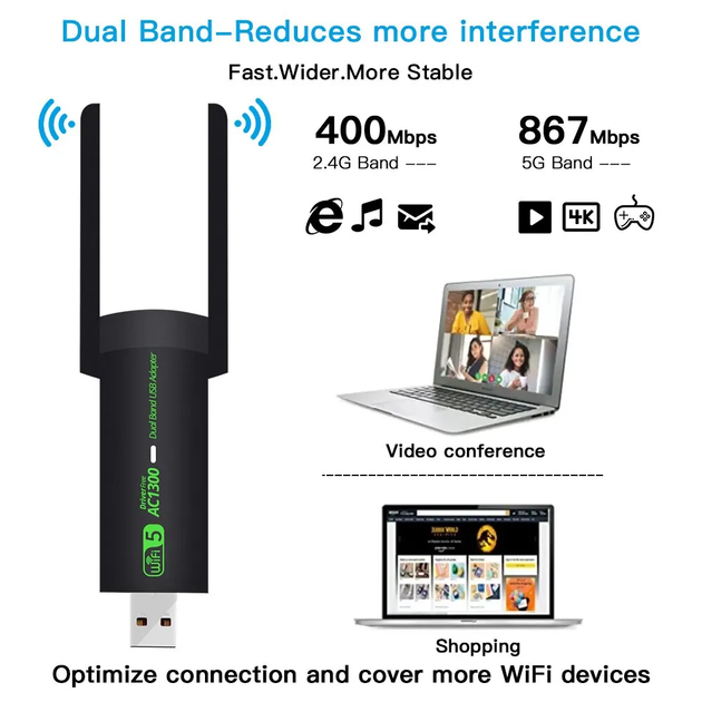 Дводіапазонний Wi-Fi адаптер для під'єднання ПК або ноутбука до Wi-Fi 2.4/5 ГГц, 1300 Mbps, USB 2.0, Windows - Фото 2 Дводіапазонний Wi-Fi адаптер для під'єднання ПК або ноутбука до Wi-Fi 2.4/5 ГГц, 1300 Mbps, USB 2.0, Windows - зображення 2