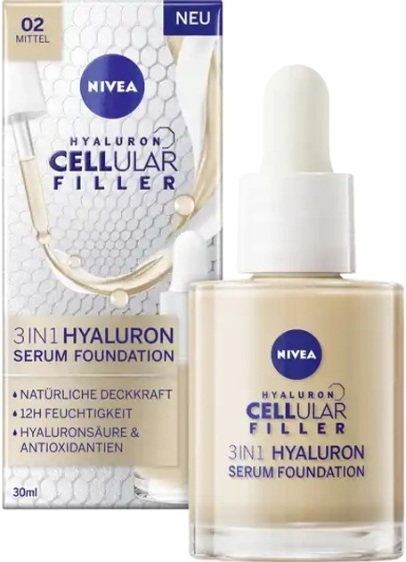 Podkład do twarzy Nivea Cellular Filler 3in1 Hyaluron Serum Foundation 02 Mittel 30 ml (4005900938800) - obraz 2