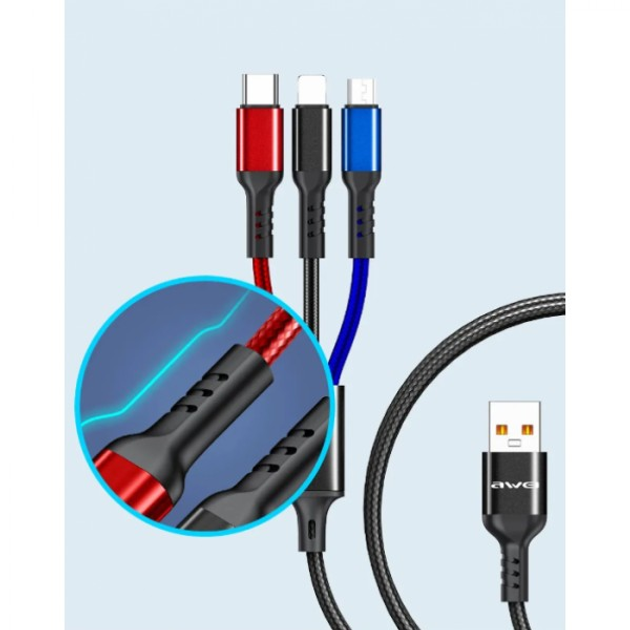 Кабель для зарядки телефонов Awei CL 971 3в1 USB to Type-C Lightning MicroUSB 2.4A - Фото 2 Кабель для зарядки телефонов Awei CL 971 3в1 USB to Type-C Lightning MicroUSB 2.4A - изображение 2