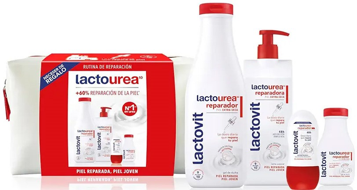 Zestaw kosmetyków do pielęgnacji Lactovit Lacto-Urea Reparador Żel pod prysznic 550 ml + 90 ml + Lotion do ciała 400 ml + Dezodorant 50 ml + Kosmetyczka (8411135008434) - obraz 2