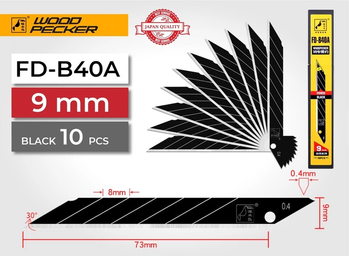 Лезвия для ножа 9мм угол 30°&nbsp; Woodpecker ультра острые черные 10шт (FD-B40A) - изображение 6