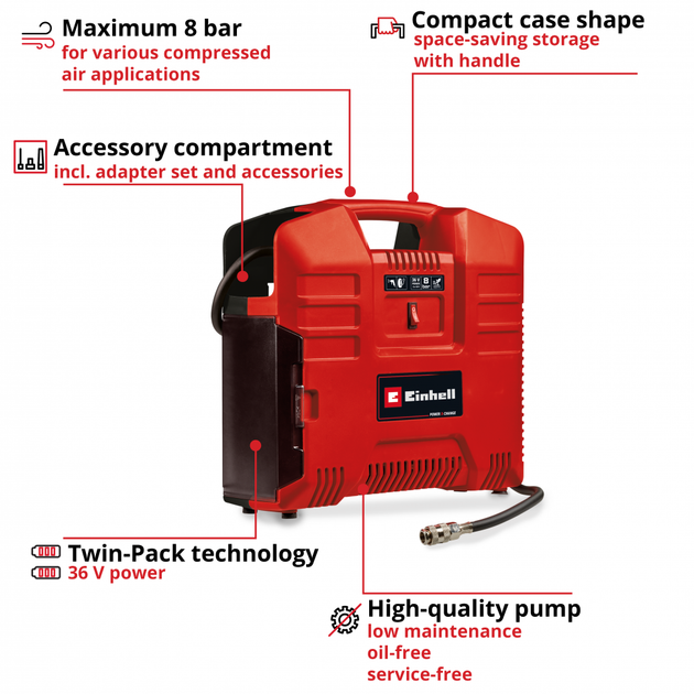 Einhell Компресор автомобільний TE-AC 36/8 Li OF Set-Solo PXC акум, 130 л/хв, (без АКБ та ЗП) - изображение 11