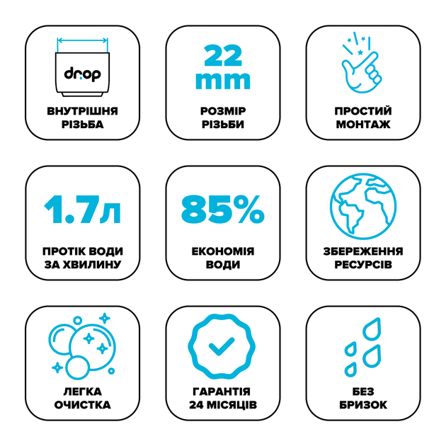 Водозберігаючий аератор DROP PM17T-22 для змішувача - Економія 85%, 1.7 л/хв, внутрішня F 22 мм - зображення 9