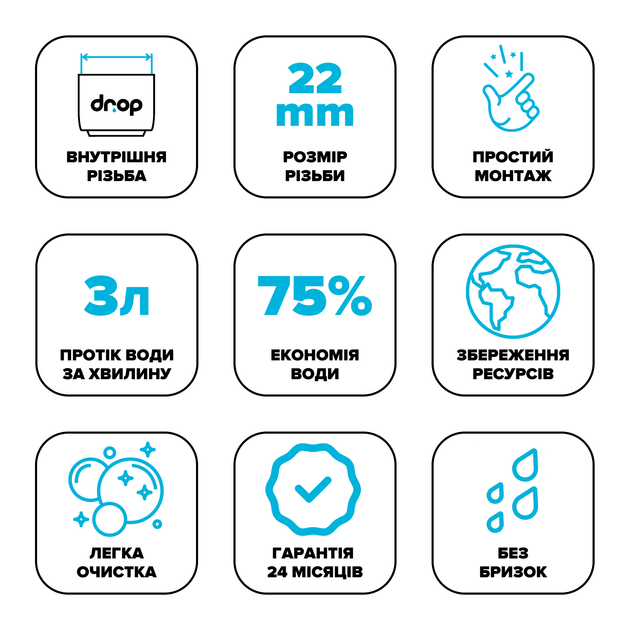Водозберігаючий аератор DROP PM03T-22 для змішувача - Економія 75%, 3 л/хв, внутрішня F 22 мм - зображення 9