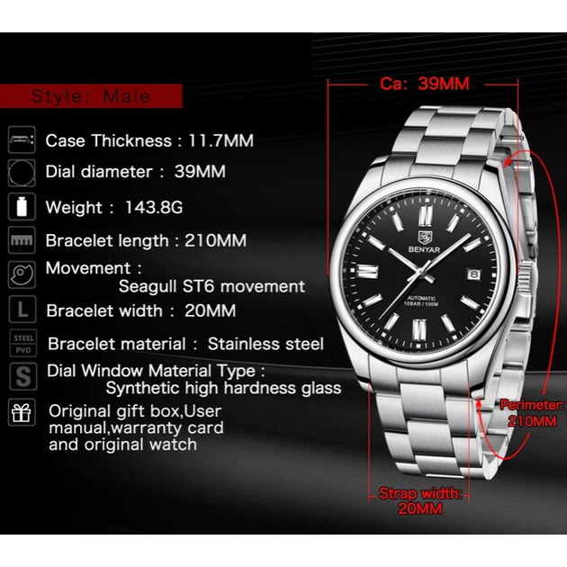 Мужские часы Benyar Automatic 10 BAR New - изображение 7