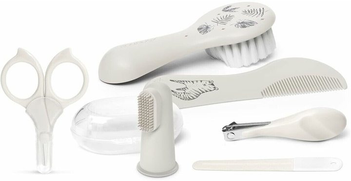 Дитячий манікюрний набір Suavinex Tigers Baby Care Essentials Grey Косметичка + Щітка + Гребінець + Зубна щітка-накладка + Ножиці + Пилочка + Кусачки (8426420081757) - зображення 3