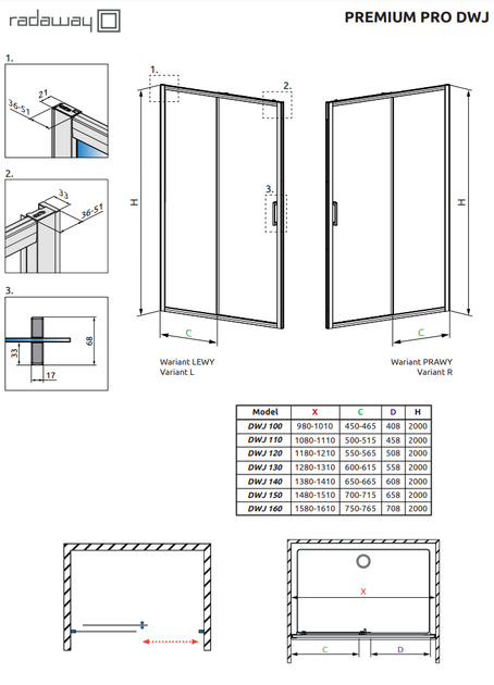 Душові двері RADAWAY Premium Pro Black DWJ 160 см скло прозоре 1014160-54-01R - зображення 2