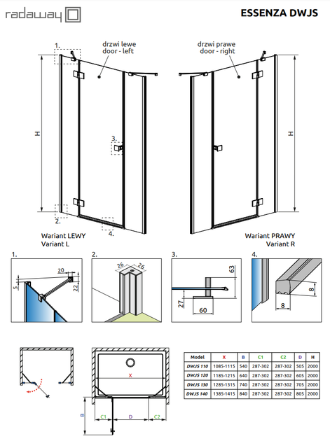 Душові двері RADAWAY Essenza Black DWJS 110 см 1385030-54-01L+1384090-01-01 - зображення 2