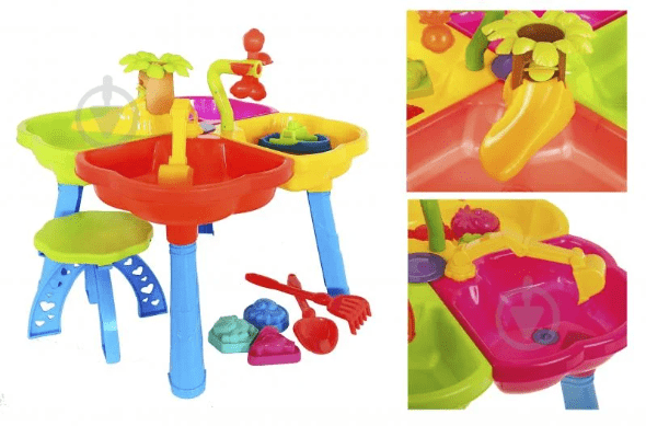 Столик для игр с песком Kinder Way 4 отделения/стульчик/пасочки/лопатка/грабли 01-122 - изображение 4