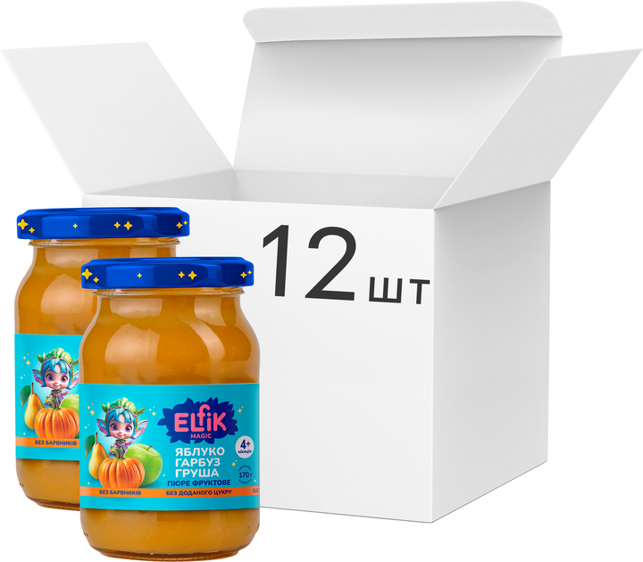 Упаковка детского пюре Elfik Magic из яблок, тыквы, груш без сахара 170 г х 12 шт (4820266361600) 