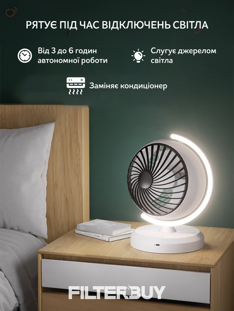Вентилятор KEIVING настільний безшумний переносний з акумулятором USB 3 режими роботи - зображення 2