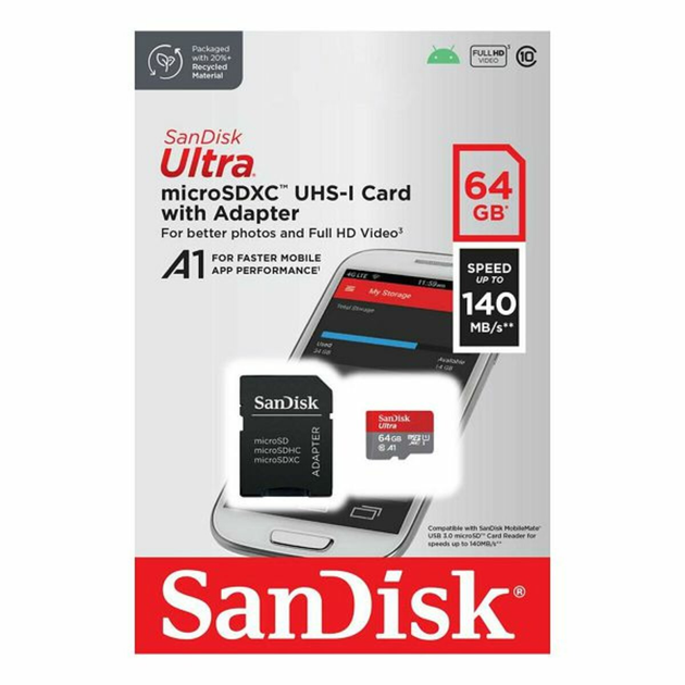 Карта памяти SanDisk Ultra microSDXC UHS-1 64Gb class 10 A1 140Mb/s adapter SD (SDSQUAB-064G-GN6MA) - изображение 4