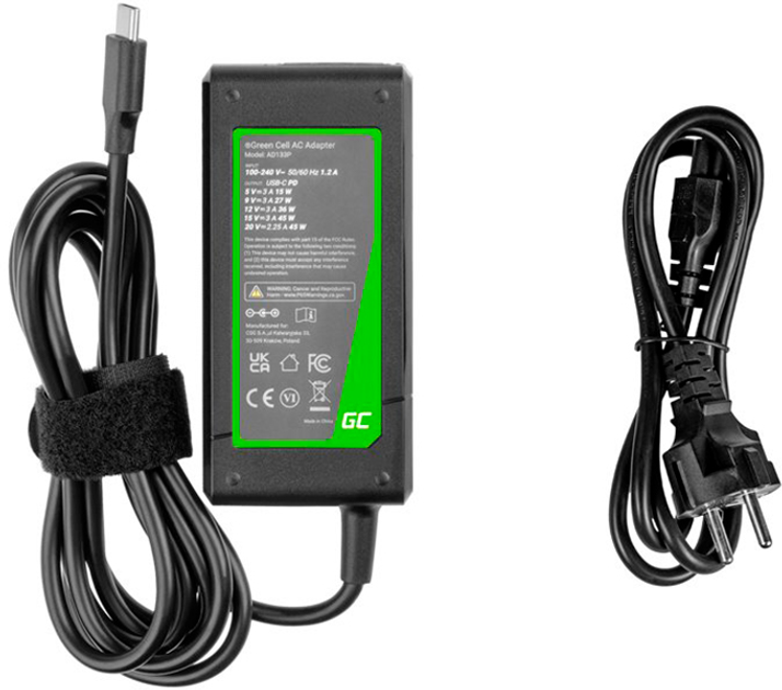Блок живлення для ноутбука GreenCell AD133P AC adapter USB-C 45W (5904326372016) - зображення 3