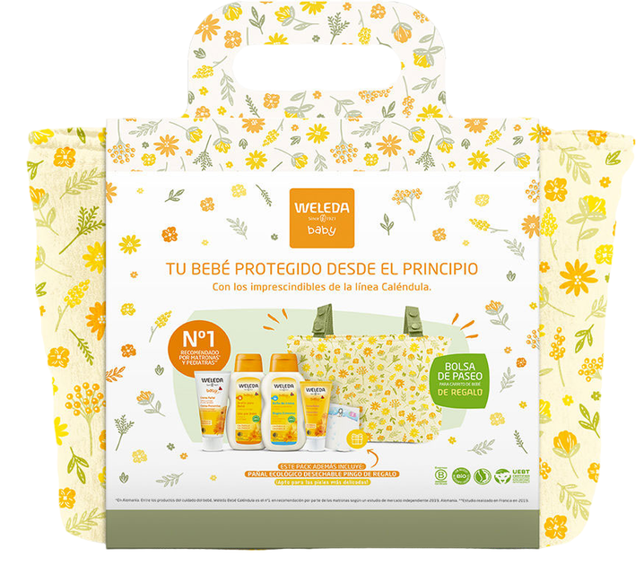 Дитячий косметичний набір Weleda Baby Calendula Lot Крем для ванни 200 мл + Олія для тіла 200 мл + Крем під підгузок 75 мл + Крем для обличчя 50 мл + Сумка для візочка (8435743100281) - зображення 1