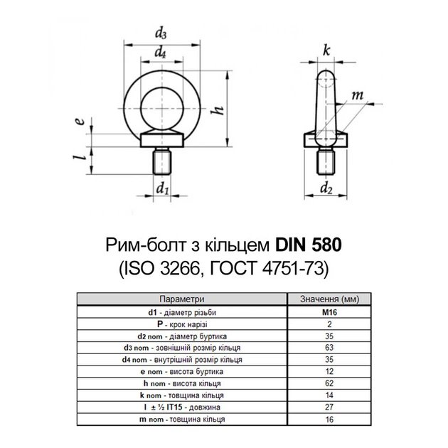 Болт з кільцем (рим-болт) DIN580 М16х27 оцинкована сталь (5шт.) [5M8200000B5M816200] Metalvis - зображення 2